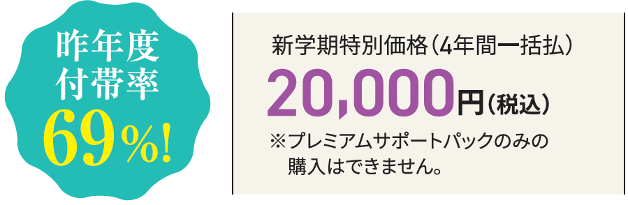 昨年度付帯率00%!新学期特別価格(4年間一括払)20,000円(税込)※プレミアムサポートパックのみの購入はできません。